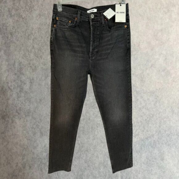 REDONE 90s High Rise Jeans Womens Size 29 Black Retro Denim Slim Raw Ankle Crop - Picture 1 of 15